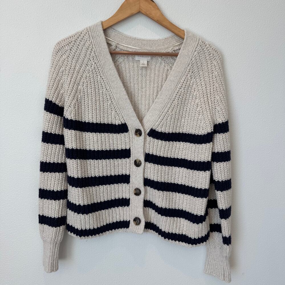 Nordstrom Caslon Cream Navy Striped Knit Cardigan Sweater Small- Coastal, Preppy